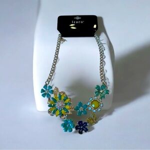 izaro Silver Chain Bib Necklace with Enamel Turquoise Flowers & Butterfly NEW